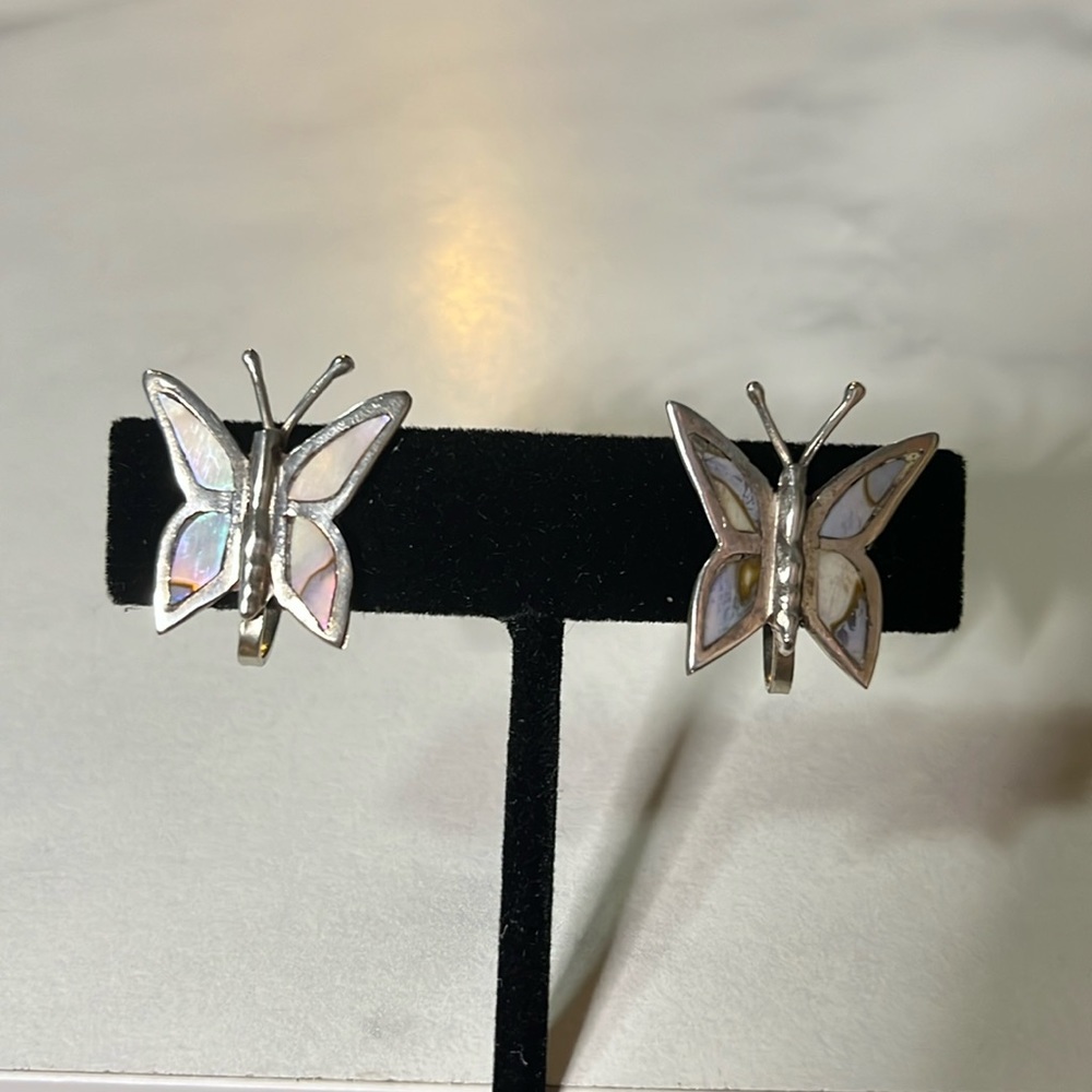 TAXCO Mexico RM Sterling Silver Abalone Inlay Butterfly Screw Back Earrings 925 - Picture 10 of 14